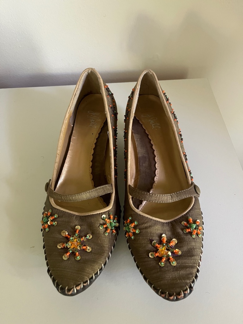 J. Jill Olive Brown Beaded Mary Jane Flats